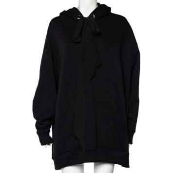 Pre Owned Givenchy Black Cotton Logo Printed Silk Tie Detail Oversized Hooded Sweater Dress XS