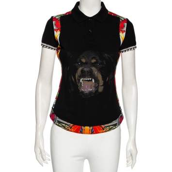 Pre Owned Givenchy Black Rottweiler Printed Cotton Pique Contrast Trimmed Polo T-Shirt M