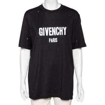 Pre Owned Givenchy Black Distressed Logo Printed Cotton Oversized T-Shirt M