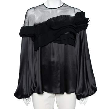 Pre Owned Givenchy Black Silk & Mesh Paneled Plisse Trimmed Blouse M