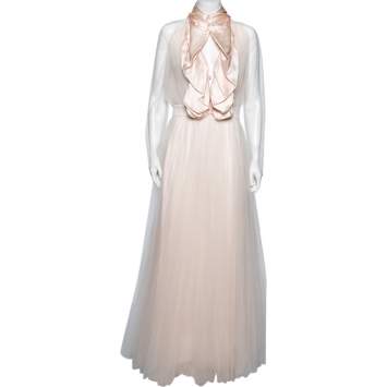 Pre Owned Givenchy Pink Silk and Mesh Ruffle Front Tulle Maxi Dress M