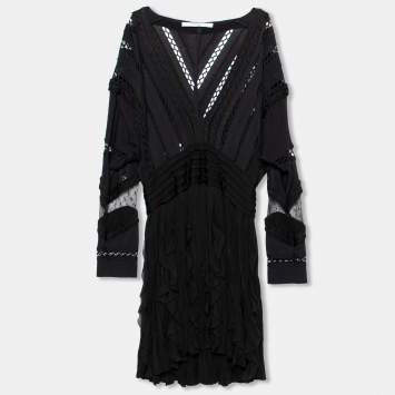 Givenchy Black Patterned Knit Ruffle Trimmed Dress M