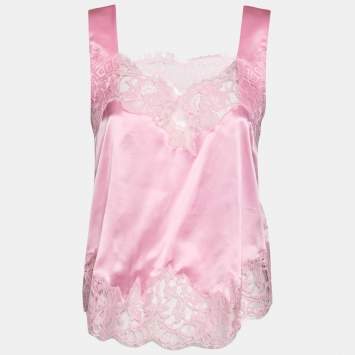 Pre Owned Givenchy Pink Satin Slip Cami Lace Trimmed Top M