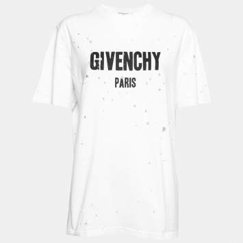 Pre Owned Givenchy White Logo Print Distressed Cotton Short Sleeve T-Shirt XS