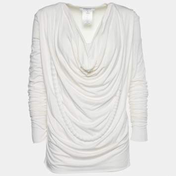 Pre Owned Givenchy Off-White Stretch Knit Beaded Chain Detail Draped Blouse M