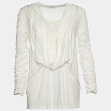 Pre Owned Givenchy Off-White Knit Lace Inlay Cowl Neck Lace Blouse L