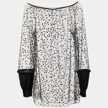 Pre Owned Givenchy Black Polka Dot Tulle Cuff Detail Sheer Blouse M