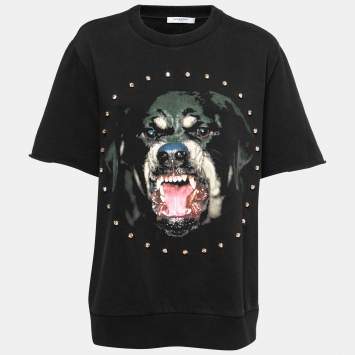 Pre Owned Givenchy Black Cotton Rottweiler Rhinestone Short-Sleeve Sweatshirt M