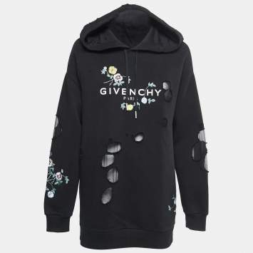 Pre Owned Givenchy Black Flower Embroidered Distressed Cotton Logo Print Hoodie XS