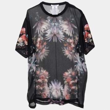 Pre Owned Givenchy Black Floral Printed Silk Chiffon & Satin Sleeve Detail Sheer Top M