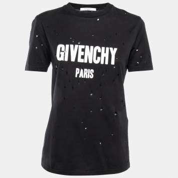 Pre Owned Givenchy Black Distressed Logo Print Cotton Crew Neck T-shirt M