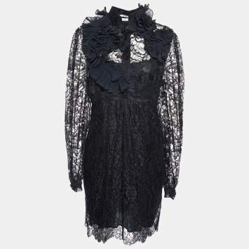 Pre Owned Givenchy Black Lace Ruffle Applique Detail Midi Dress L