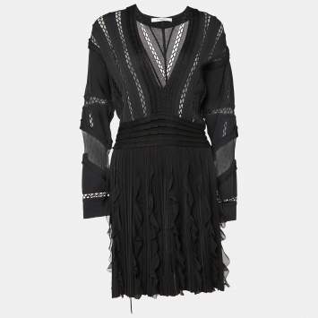 Pre Owned Givenchy Black Patterned Knit Ruffled Mini Dress L