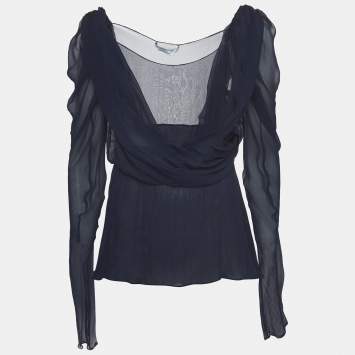 Pre Owned Givenchy Navy Blue Draped Silk Chiffon Long Sleeve Blouse M