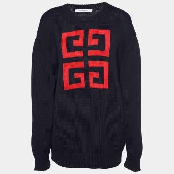 Pre Owned Givenchy Navy Blue 4G Logo Cotton Knit Crew Neck Jumper S