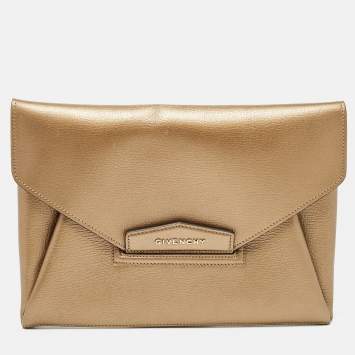 Pre Owned Givenchy Gold Leather Medium Antigona Envelope Clutch