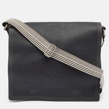 Pre Owned Givenchy Black Leather Logo Embossed Flap Messenger Bag