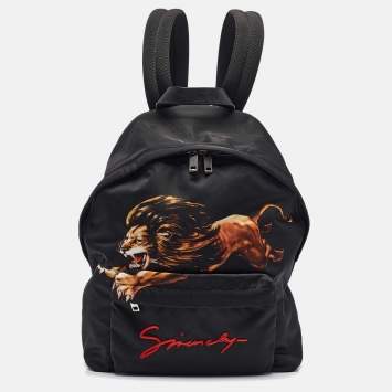 Pre Owned Givenchy Black Leather and Nylon Lion Print Backpack