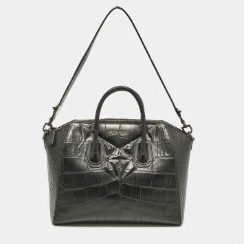 Pre Owned Givenchy Black Croc Embossed Leather Medium Antigona Satchel