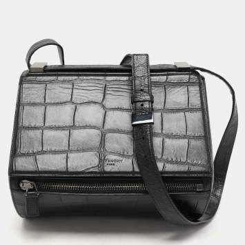 Pre Owned Givenchy Black Croc Embossed Leather Pandora Shoulder Bag