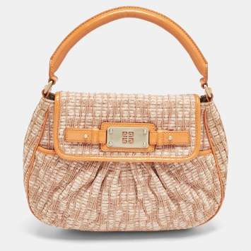 Pre Owned Givenchy Orange Logo Jacquard Fabric and Patent Leather Hobo