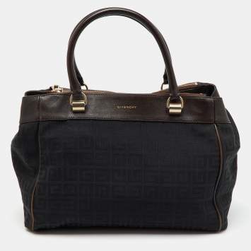 Pre Owned Givenchy Black/Dark Brown Signature Canvas and Leather Double Zip Tote
