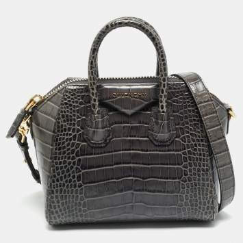 Pre Owned Givenchy Dark Grey Croc Embossed Leather Mini Antigona Satchel