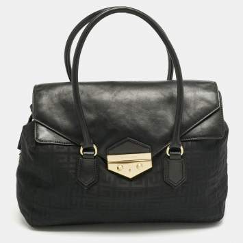 Pre Owned Givenchy Black Logo Jacquard Fabric and Leather Double Flap Satchel