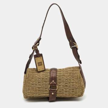 Pre Owned Givenchy Green/Brown Signature Canvas and Leather Flap Shoulder Bag