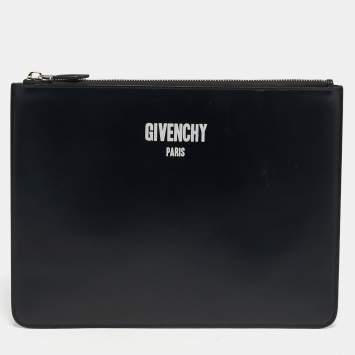 Pre Owned Givenchy Black Leather Logo Print Zipped Pouch