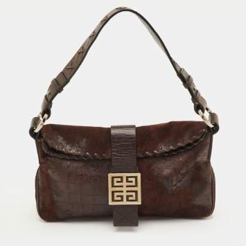 Pre Owned Givenchy Dark Brown Croc Embossed Suede Logo Flap Baguette