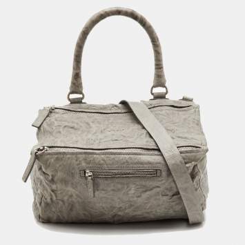 Pre Owned Givenchy Pandora Box Large Light Grey Distressed Leather Top Handle Bag