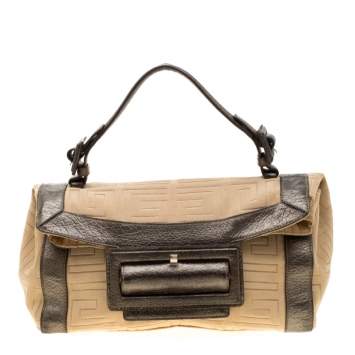 Pre Owned Givenchy Cream and Metallic Brown Canvas And Leather Satchel