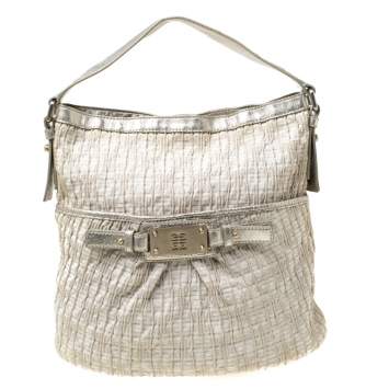 Pre Owned Givenchy Beige Shimmering Canvas and Leather Trim Hobo