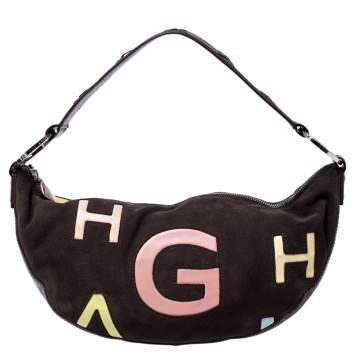 Pre Owned Givenchy Dark Brown Nubuck and Leather Half Moon Hobo