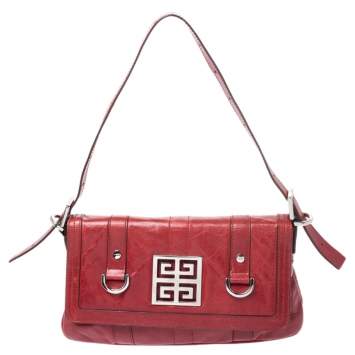 Pre Owned Givenchy Red Leather Logo Shoulder Bag