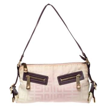 Pre Owned Givenchy Cream/Light Pink Logo Print Canvas Double Pocket Zip Baguette