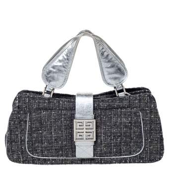 Pre Owned Givenchy Grey Tweed and Leather Logo Plague Flap Satchel