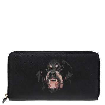 Pre Owned Givenchy Black Leather Rottweiler Zip Around Wallet
