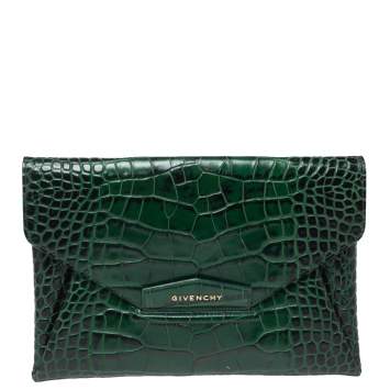 Pre Owned Givenchy Green Croc Embossed Leather Medium Antigona Envelope Clutch