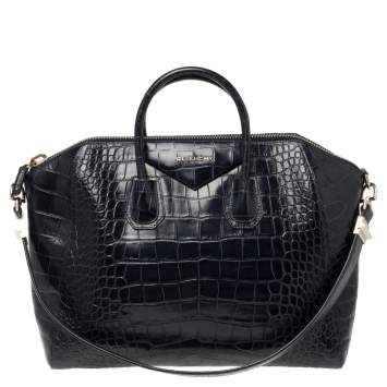 Pre Owned Givenchy Navy Blue Croc Embossed Leather Antigona Satchel