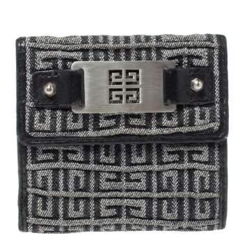 Pre Owned Givenchy Silver/Black Canvas and Leather Trim Embossed Logo Trifold Wallet