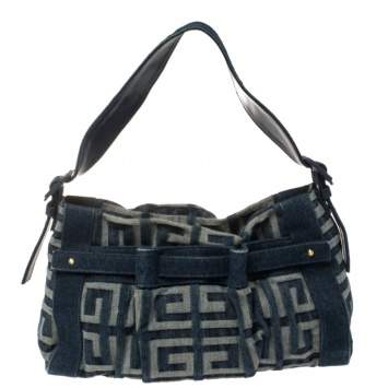 Pre Owned Givenchy Blue Monogram Denim Pleated Zip Shoulder Bag