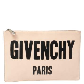Pre Owned Givenchy Nude Beige Leather Logo Zip Clutch