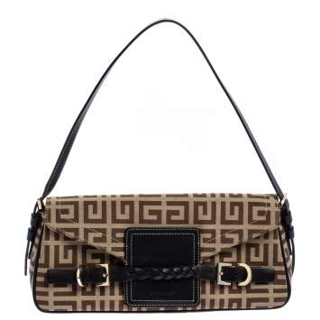 Pre Owned Givenchy Brown Signature Canvas and Leather Flap Baguette Shoulder Bag