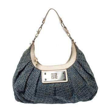 Pre Owned Givenchy Blue/White Monogram Denim and Leather Shoulder Bag