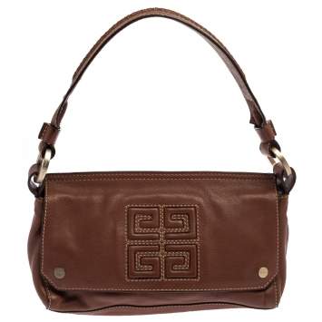 Pre Owned Givenchy Brown Leather Logo Embossed Flap Hobo