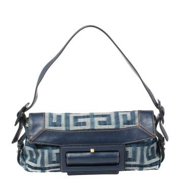 Pre Owned Givenchy Blue Monogram Denim and Leather Buckle Flap Hobo