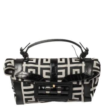Pre Owned Givenchy Black Monogram Canvas and Embossed Leather Buckle Flap Top Handle Bag