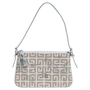 Pre Owned Givenchy Silver/Beige Signature Canvas and Leather Small Baguette Bag